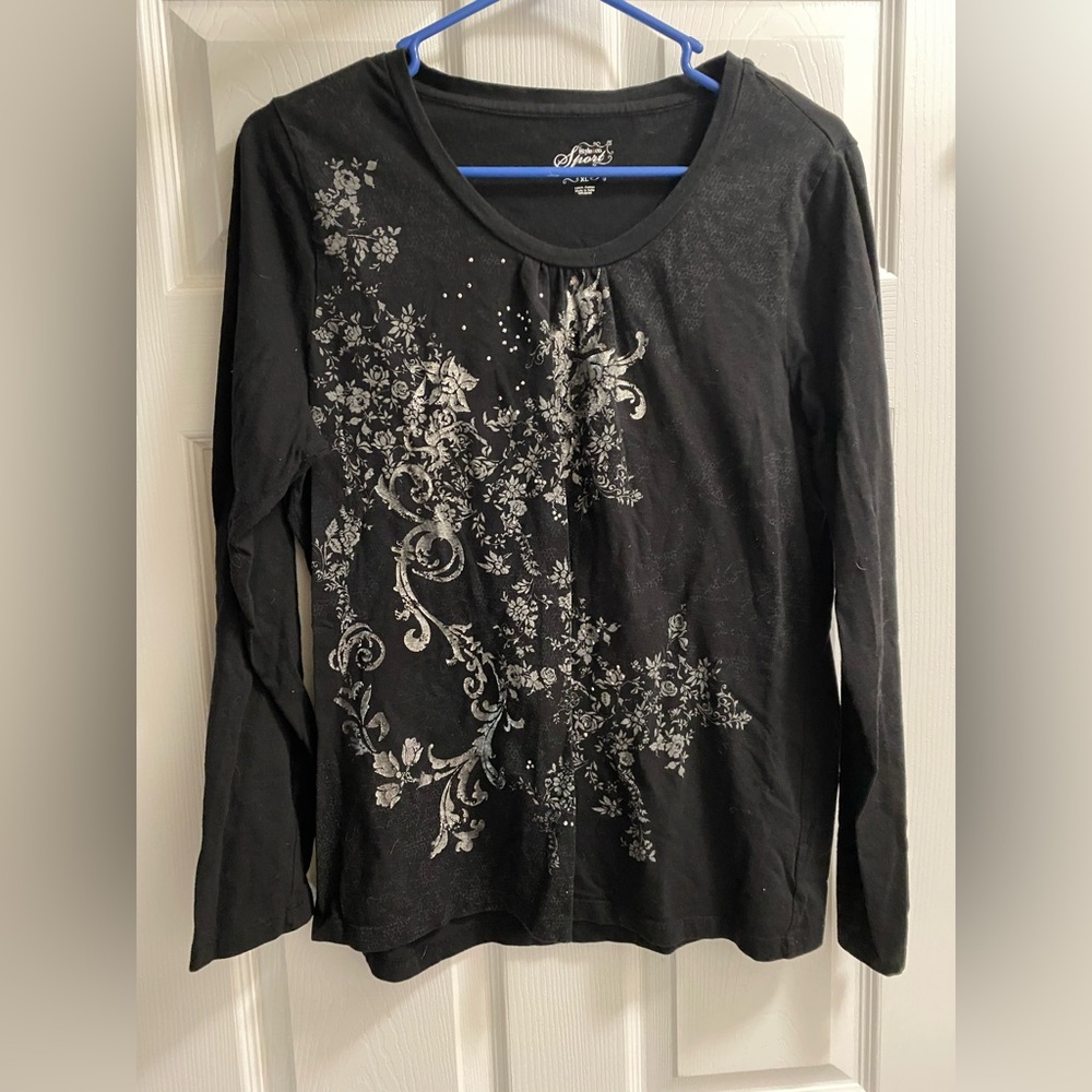 Style Co Sport Top XL Black Long Sleeve Shirt Rhinestones